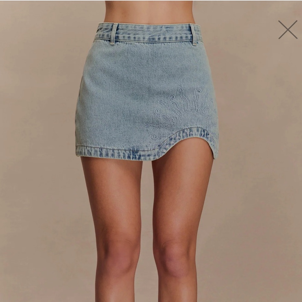Meshki Embroidered Denim Mini Skirt - Light Vintage Wash